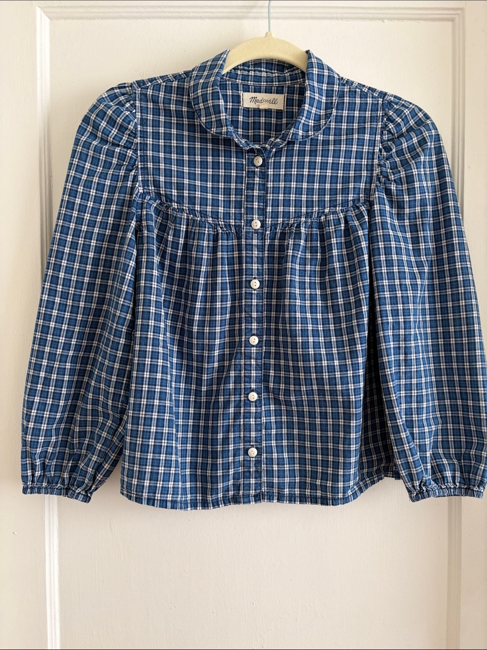 Madewell XXS Plaid Button Front Puff Sleeve Rounded Collar Blouse Top - Picture 2 of 12